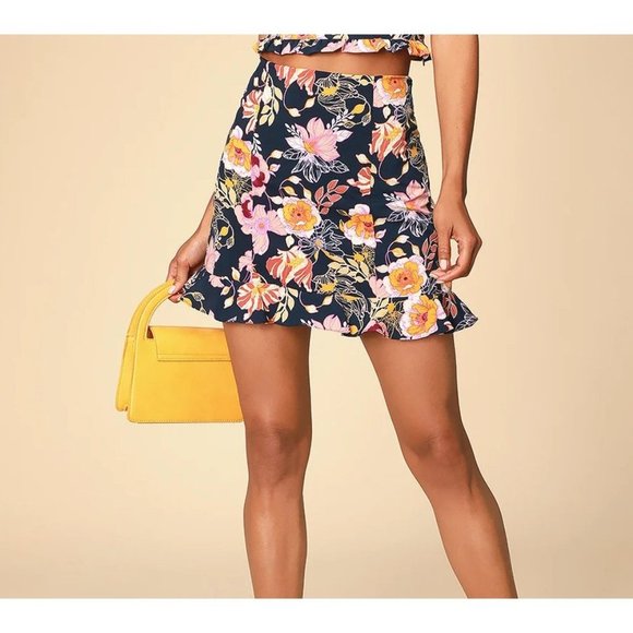 Lulus Aura Floral Ruffle Hem Satin Mini Skirt Navy Blue Womens Size Small - Picture 2 of 6